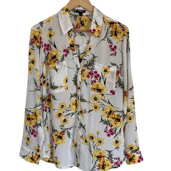 Express Womens Floral Print Long Sleeve Button Front Blouse Size L‎ Career Girly - Picture 1 of 9